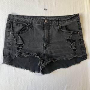 Aeropostale Women Shorts 14 Black Denim High-Rise Shorty Distressed Frayed 2”
